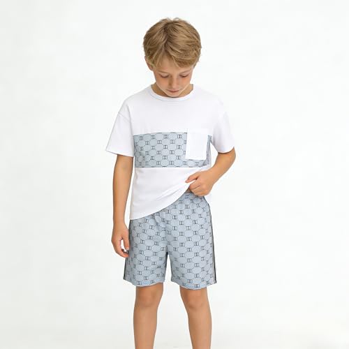 Image of Ayzozuy Boy Clothes Colorblock Top + Drawstring Waist Shorts 2 Pieces Kid Summer Outfits Set