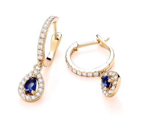 Old English Jewellers Pendientes de aro colgantes de oro amarillo de 9 quilates sobre plata y zafiro azul con circonita cúbica