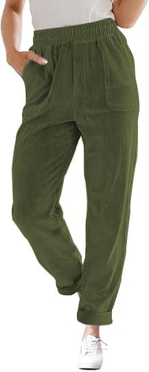 Army Green S Corduroy Pants for Women Elastic High Waist Pull On Straight Leg Slacks Casual Comfy Fall Winter Trousers with Pockets