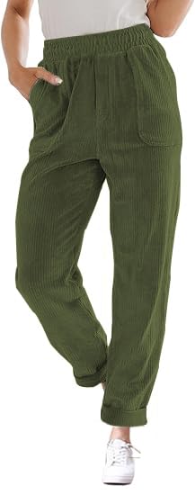 Army Green S Corduroy Pants for Women Elastic High Waist Pull On Straight Leg Slacks Casual Comfy Fall