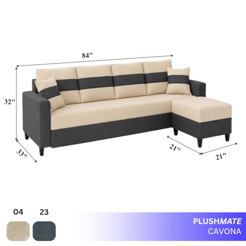 Image of Cavona 5 Seater L Shape Sofa Set with Movable Ottoman | Flexible Layout | Luxury Velvet Suede Fabric | Modern Living Room Sofa | Cream-Dark Grey