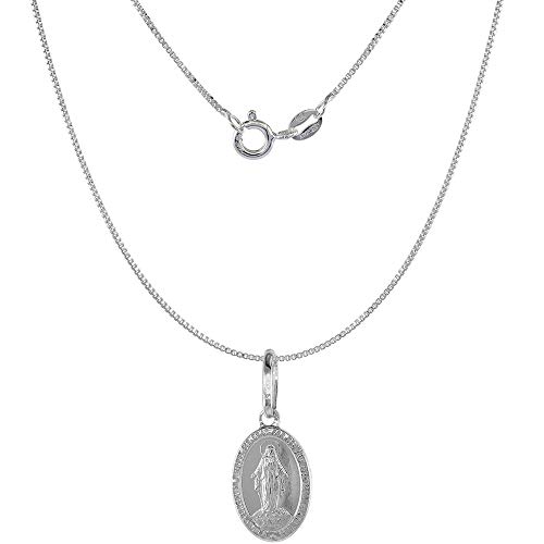 Very Tiny Sterling Silver Miraculous Medal Necklace Oval Virgin Mary Italy 1/2 inch, 16 inch Chain 0.8mm