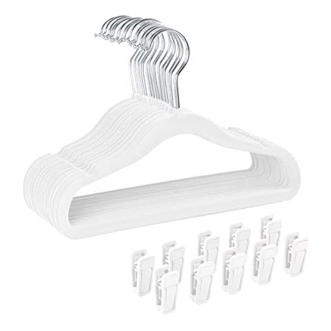 Finnhomy Non-Slip Clothes Hangers for Baby and Kids 30-Pack Velvet Hangers with 10 Finger Clips, White Cover