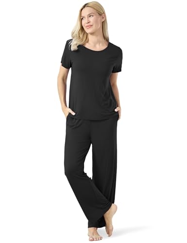 Image of GYS Bamboo-derived Viscose Women's Pajamas Set Short Sleeve Top With Pants 2-Piece Sleep Set