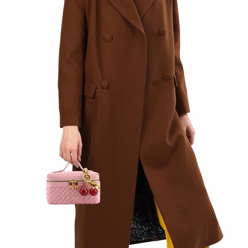 Image of Small Woven Box Crossbody Bags for Women Designer Leather Mini Top Handle Clutch Purse Square Vanity Bag with Cherry Charm