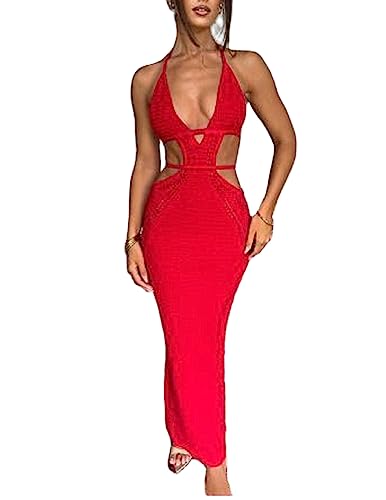 Image of NUFIWI Women Backless Hollow Out Long Dress Sexy Knitted Maxi Dress Bodycon Spaghetti Strap Cocktail Party Midi Dress
