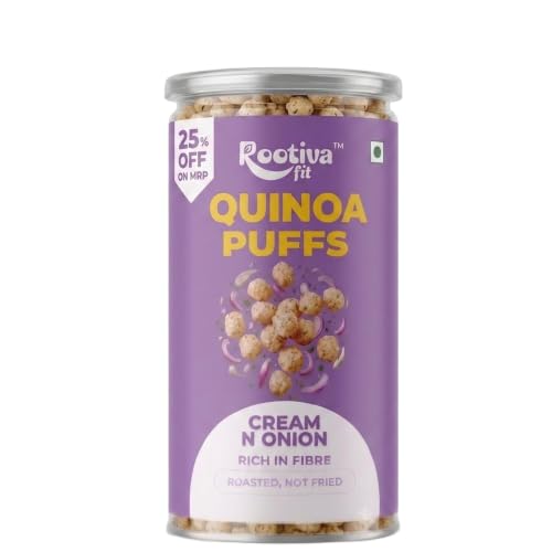 Image of ROOTIVAFIT Quinoa Puffs Cream & Onion Flavour, Roasted Not Fried, Rich in Fibre, with Jowar and Quinoa Flour, 80 g, Pack of 1 | New