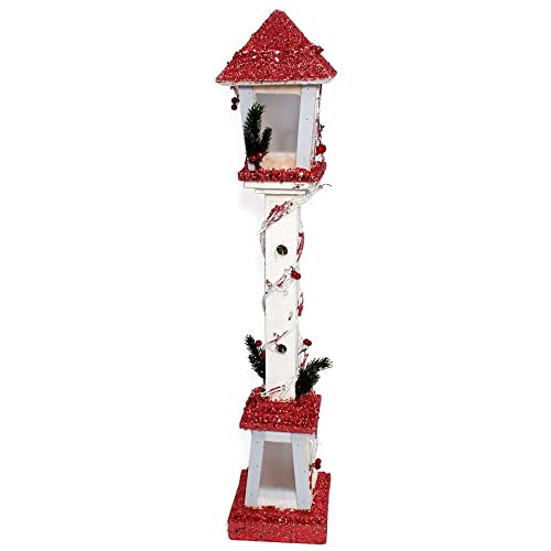 Lampione Natalizio in Legno h. 61 cm Rosso e Bianco Glitter innevato con Luci LED Base 13x13cm Alimentazione a Batteria Decorazione Natalizia Babbo Natale