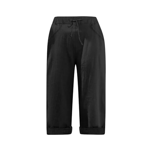 Linen Capris for Women Wide Leg Cropped Pants Casual Drawstring Loose Folded Hem Trousers Lounge Pants with Pockets3