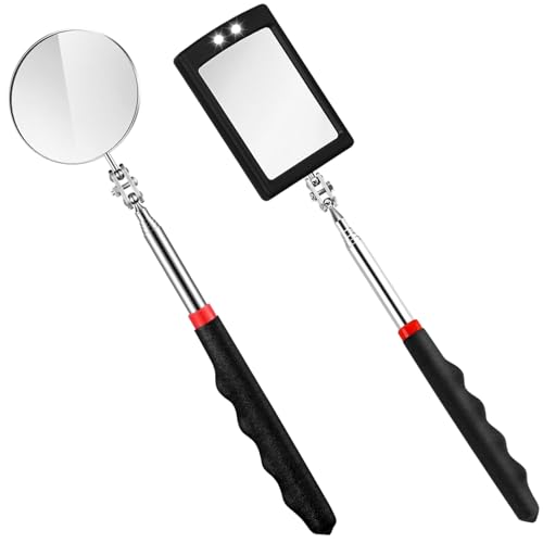 KIKAWORD 2PCS Telescoping Inspection Mirror with LED Light 360 Rotation Extendable Mirror with Extended Handle for Check Observe Vehicle Small Part Hard-to-Reach Areas