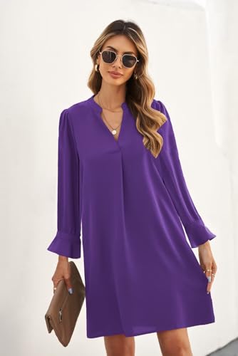 Image of Wkior Womens Fall Ruffle Long Sleeve V Neck Shift Dresses (S-XXL)