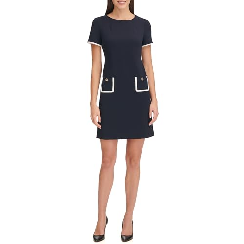 Image of Tommy Hilfiger Women's Short Sleeve Jewel Neck Contrast Piping Mini Shift Dress