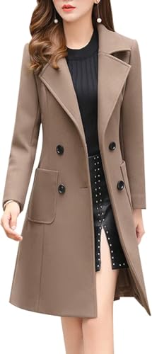 ebossy Women's Elegant Wool Blend Pea Coat Notched Lapel Double Breasted Winter Warm Mid Long Overcoat