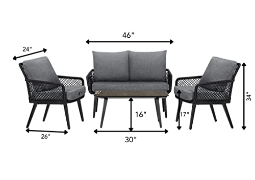 Image of DEVOKO Outdoor and Indoor 4 Seater Sofa with Center Table and Cushioned Rope Chairs Set for Garden, Balcony (Black & Grey)