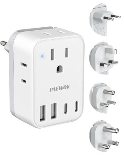 International Travel Adapter Set, US to UK/EU/South Africa/India Universal Power Adapter- 4 AC Outlets 4 USB Ports (2 USB C), Travel Plug Adapter Kit Include Type G/C/M/D Detachable Plug