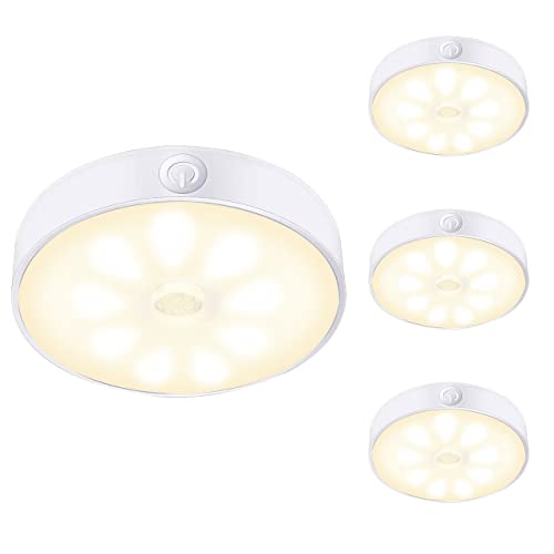 LAVAED Confezione da 4 luci a disco con sensore di movimento per interni a LED, per armadio, ricaricabile tramite USB, luce notturna da 9 LED, camera da letto, cucina (bianco caldo)