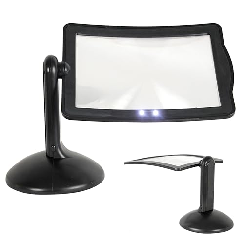 FISHTEC Grande lente d'ingrandimento da lettura a LED a 360°, mani libere su supporto, lente rotante, ingrandimento 3x, 2 LED, per lettura, manicure, piccoli lavori, cucito, francobolli e banconote,