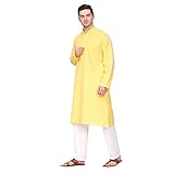 ITOS365 Men Cotton Blend Kurta Pyjama Set Party Fashion Regular Ethinic Wear Indian Dress Yellow XS