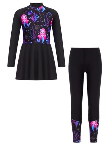 renvena Kids Girls Two Pieces Rash Guard Sets UV UPF50+ Long Sleeve Dress with Leggings Surf Swimsuits2