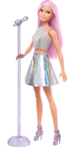 Barbie Careers Fashion Doll & Accessory Pop Star with Pink Hair & Brown Eyes Wearing Iridescent Skirt with Microphone