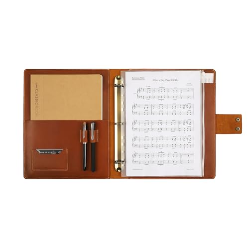 Handmade Leather Music Folder, Sheet Music Binder Personalized Music Holder, Leather Binder 3-Ring for 8.5x11 Music Sheet with Clear Sheet Protectors, Brown