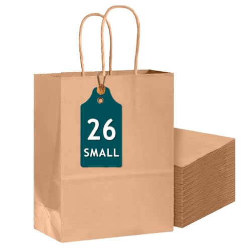 Bakepacker 26-Pack Small Size Gift Paper Bags with Handles Bulk 8.3"x6"x3.15" Brown Party Kraft Shopping Bags