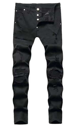 Image of HENGAO Mens Ripped Jeans Stretch Skinny Jeans with Zipper Size 28-48 | Fashion Design, Unique Washed, Button Closure, Distressed Destroyed, Comfort Flex Waist, Moto Biker, Casual Streetwear