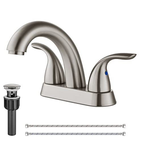 Cinwiny Grifo de lavabo de baño moderno de montaje en cubierta de 4 pulgadas, palanca de 2 asas, níquel cepillado