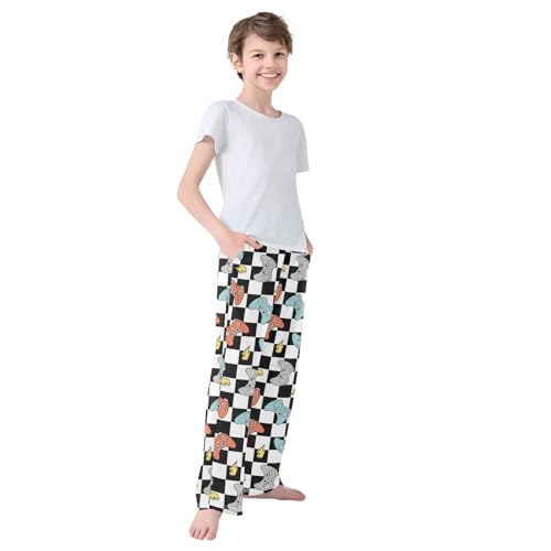 CaTaKu Boys Black Checked Game Pants for Boys Girls Wide Leg Sweatpants Kids Long Bottoms with Pockets Size 6-14Y3
