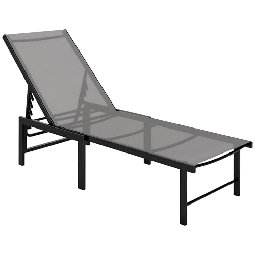 Outsunny Tumbona Jardín Exterior, Tumbona Reclinable con Respaldo Ajustable en 5 Niveles y Estructura de Acero, Impermeable, Carga 120 kg, para Patio, Terraza, Balcón, 166x60x84 cm, Gris