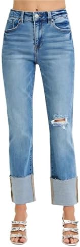 Risen Jeans - High Rise Wide Cuffed Straight Leg Jeans - (28" Ins...