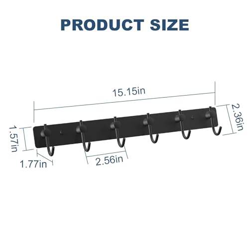 Image of VAEHOLD Wall Hooks for Hanging, Black Coat Rack Wall Mount with 6 Coat Hooks, Towel Hanger, Hat Hooks, Robes Hook in Bathroom, Bedroom, Kitchen, Living Room (1PACK)