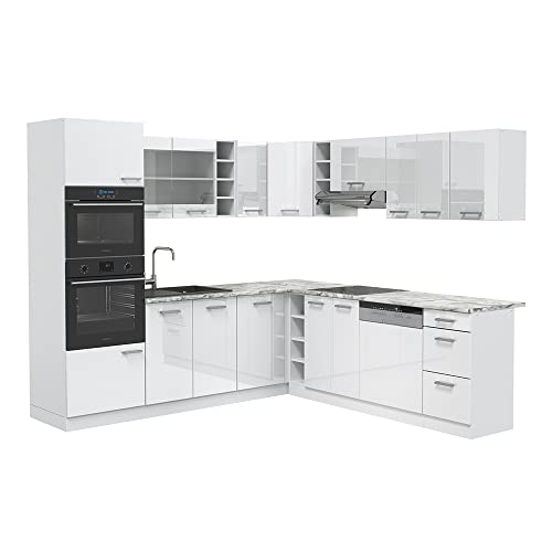 Vicco Cocina esquinera R-Line, Blanco Alto Brillo, 247 x 46 cm sin encimera, para disposición Flexible y ampliación Modular