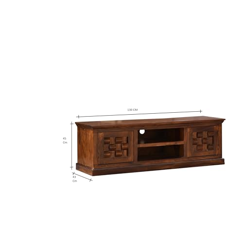 Image of Sheesham Wood TV Stand and Shelf Storage Entertainment Unit Center Console TV Table Wooden Tv Cabinet for Living Room Home (Natural Brown Finish)