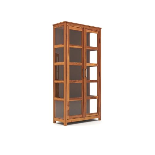 Image of Ekdantix FurnitureSolid Wood Bookshelf with Acrylic Glass Doors | Wooden Display Cabinet for Living Room | Multipurpose Storage Almirah for Books, Decor & Office Use (Honey Finish)
