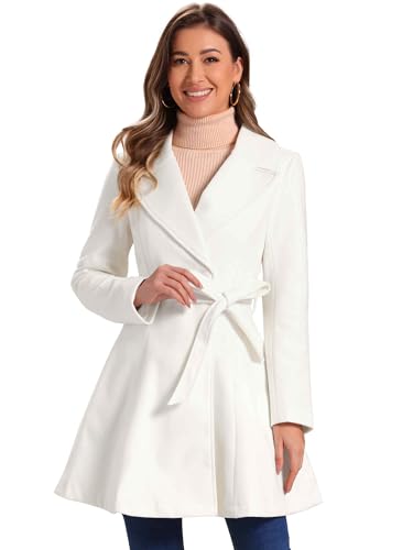 Image of Allegra K Winter Pea Coats for Women Shawl Lapel Overcoat Single Breasted Belted Long Trench Coat Medium White