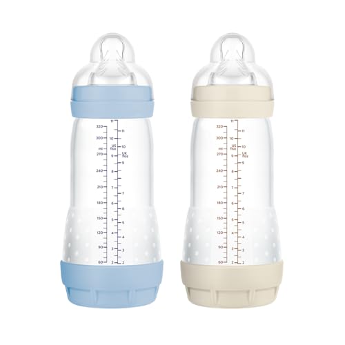 MAM Pack 2 Biberones Anticólicos, a partir de 4 Meses, 320ml, con Tetina 3 Flujo Rápido de Fácil Aceptación, Autoesterilizable y Fácil de Limpiar, MAM Easy Start Anti Colic, Azul y Neutro, 2uds