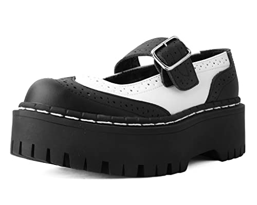 T.U.K. Shoes Black/White TUKskin™ Double Decker Mary Jane Shoes for Women, Round Toe Ankle Strap Platform Chunky Heel Gothic Vintage Oxford Dress