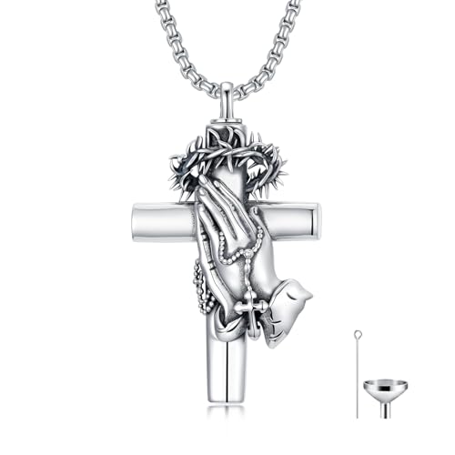 PROESS Praying Hands Cross Necklace 925 Sterling Silver Crown of Thorns Necklace Serenity Prayer Cross Pendant Cremation Jewelry Religious Gifts for Men Christian