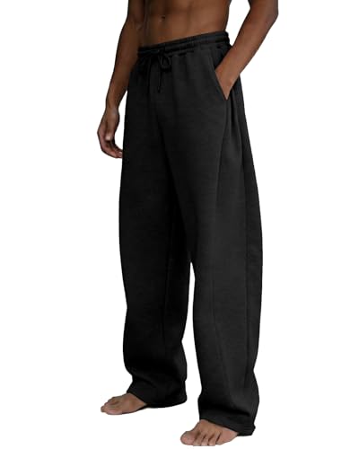 Image of Men's Baggy Sweatpants Wide Leg Fleece Lounge Joggers with Deep Pockets | Soft 65% poly 35% cotton stretch blend, outer drawstring, open bottom, relaxed fit for gym, travel, errands and daily wear