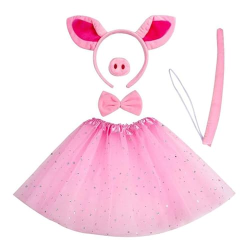 AWAVM 5PCS Set de Costume de Cochon,Nœud Papillon Queue Oreilles de Cochon Jupe Tutu,serre-tête oreilles de cochon,nez de cochon,queue de cochon,nœud papillon,jupe tutu rose pour Enfants