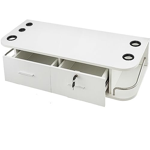 White Wall Mount Styling Station Classic Locking 2 Drawers Storage Beauty Salon Container 5 Hair Dryer Holes Locking Cabin(White)