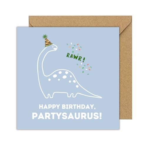 toca treasures Premium Happy Birthday Geburtstagskarte Partysaurus, quadratisch mit Umschlag - lustige Dino Grußkarte Kinder, Frau, Mann, Dinosaurier Fans, süß, modern