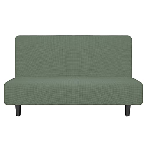Image of Easy-Going Stretch Medium Futon Slipcover Armless Futon Cover Greyish Green | Sofa Bed Furniture Protector Without Armrests with Elastic Bottom for Kids, Soft Jacquard Machine Washable