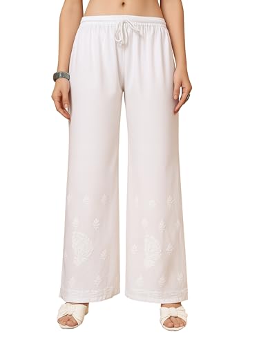 Image of POSHAK CHIKAN STUDIO Women's Hand Embroidered Lucknowi Chikankari Cotton Palazzo White