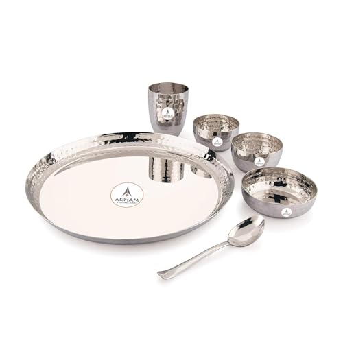 Image of Arham Stainless Steel Dinner Set | 6 Pcs (1 Set) | Premium Heavy Weight Hammered Dinner Set for Gift | 6Pcs Regular Size (1 Plate, 1 Halwa Plate,2 Bowl /Wati, 1 Glass, 1 Spoon) | Premium DinnerWare