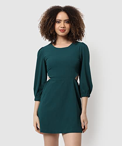 Image of PINACOLADA Women's Solid Slim Fit Mini Dress for Winter Wear | Quarter Puff Sleeve | Round Neck | Casual Dress for Woman & Girl | Western Stylish Dress for Women & Girls