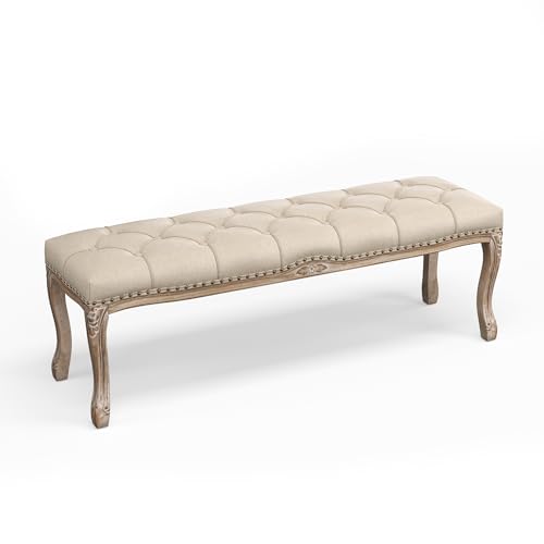 Bedroom Bench, French Vintage Tufted Entryway 52.5" Carving Upholstered End of Bed Bench with Distressed Wood Legs, Linen Ottoman Seat for Living Room King Size Bed, Linen Color