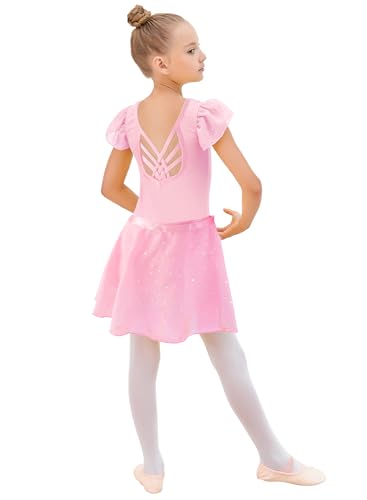 Image of EQSJIU Ballet Leotards for Girls with Removable Skirt Combo Tie Ruffle Sleeve Ballet Dance Dress Outfit 2-12 Years