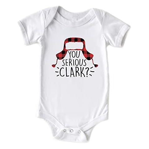 Little Spunkies You Serious Clark? Funny Christmas Baby Bodysuit (6-9 Months, Short Sleeve White Bodysuit) Cover